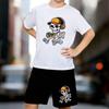 Boys 2 Piece Cartoon Skull Printed Outfit, Short Sleeve T-Shirt and Shorts Set for Kids Age 5-14,White Sporty Casual Summer Clothes