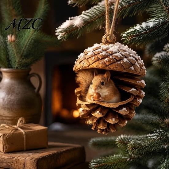 Durable Holiday Ornaments Forest Animal Acorn Ornaments, Cozy Woodland Christmas 2D Acrylic Realistic Hanging Decor Pine Cone Pendant for Xmas