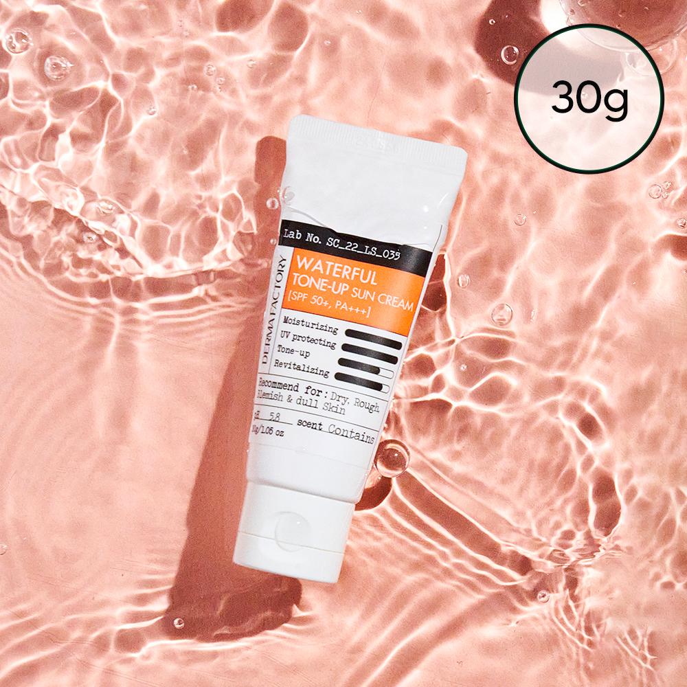 DERMA FACTORY Waterful Tone-Up Sun Cream SPF50+ PA+++ – Vegan Non-Nano Hybrid Formula, Radiant Peach Tone-Up, Korean