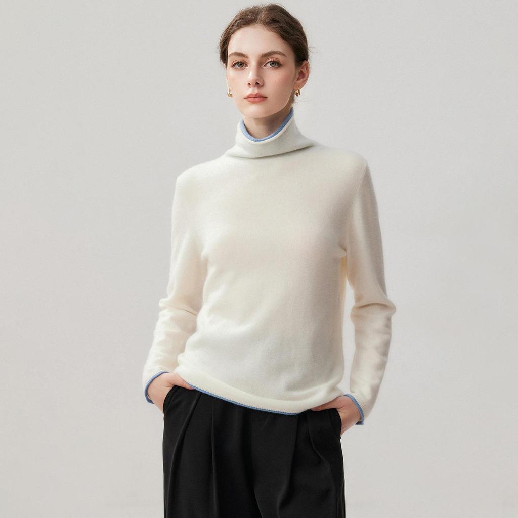 2026 A/W Stacked Collar Color Block Two-Piece Look Cashmere Women’s Pullover Long Sleeve Knit Sweater