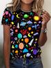Women's Tee - Colorful Space Cartoon Pattern Graphic, Playful Galaxy Print Design for Casual Daily Wear