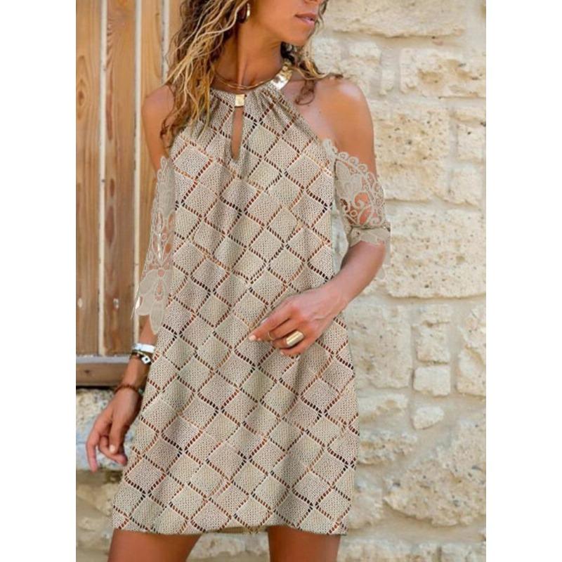 Women's Mid-sleeved Dress Multi-color Printed Halter Neck Off-shoulder Skirt for Women