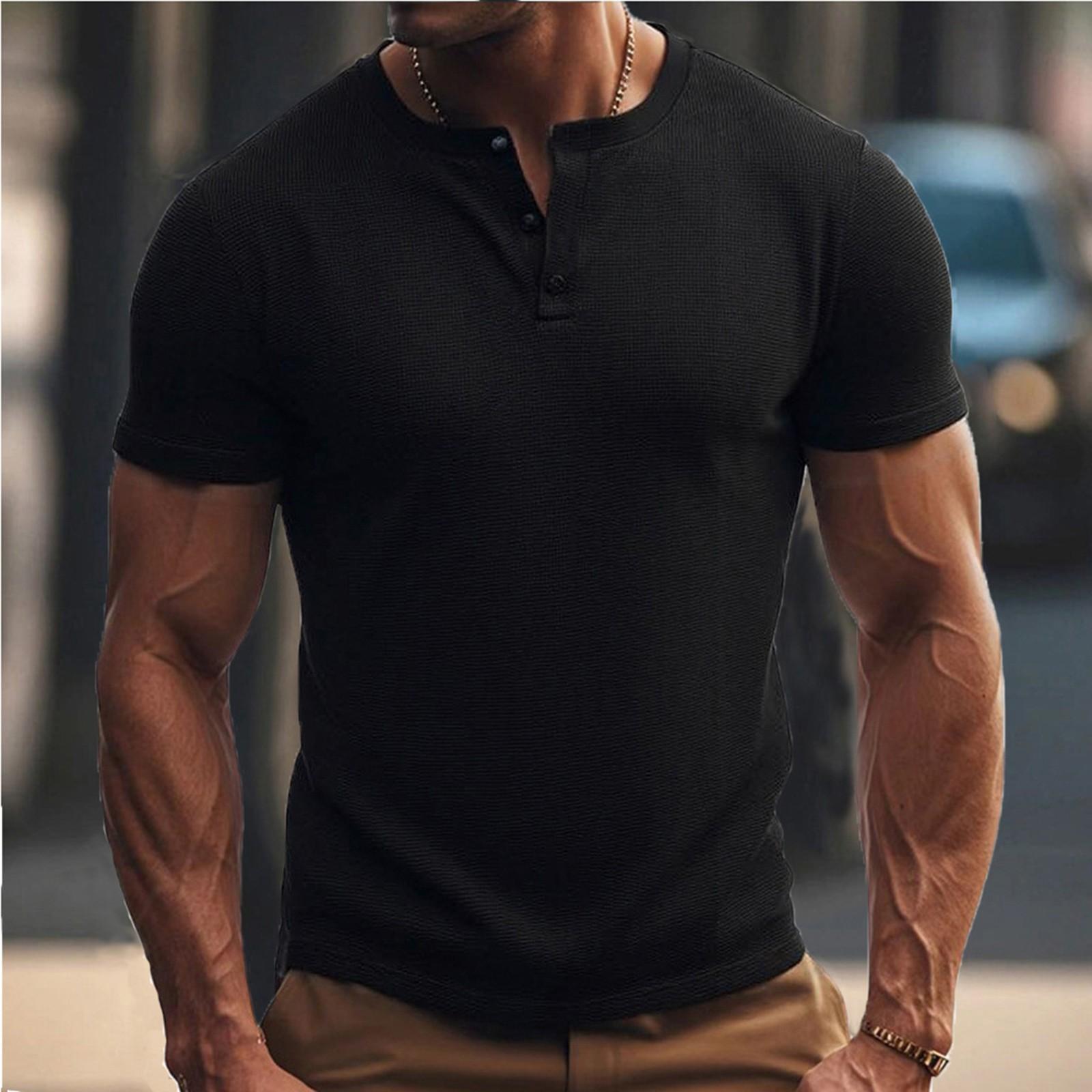 

Мужская летняя футболка с коротким рукавом, мужская футболка для мышц, воротник на пуговицах, спортивная футболка с открытым воротником XL чёрный