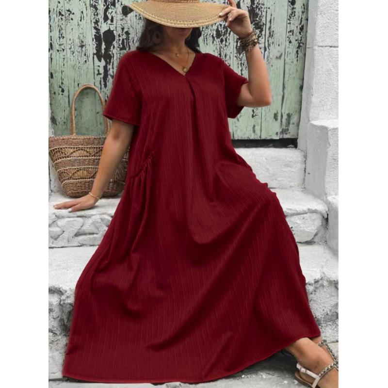 Plus Size Women V Neck Short Sleeve Loose A Line Long Dress With Pockets