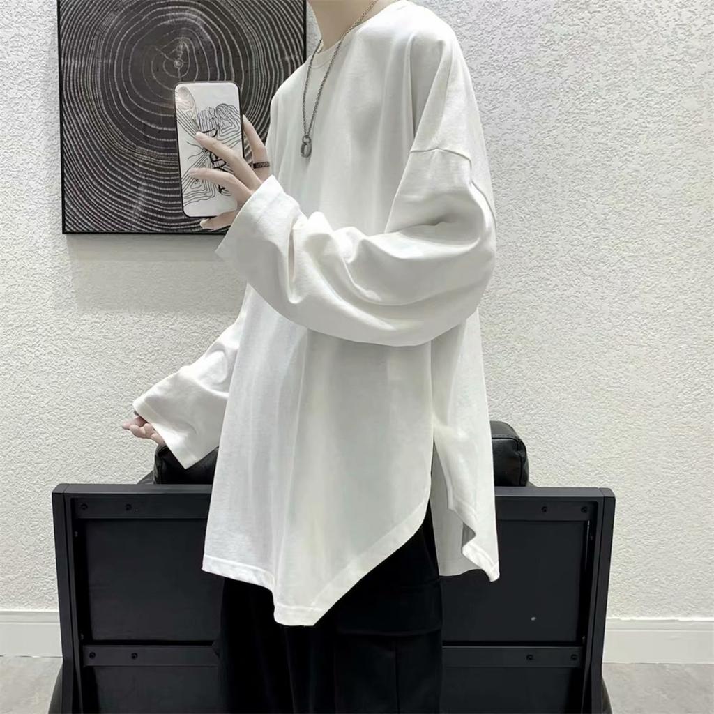 Spring Autumn Oversized T-shirt Men Harajuku Solid Irregular T Shirt Men's Pullover Tees Long Sleeve Y2k Tops Hip Hop Streetwear