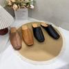 Johnature Retro Splicing Sewing Flat Slippers Round Toe Genuine Leather Soft Sole Solid Color Women's Shoes