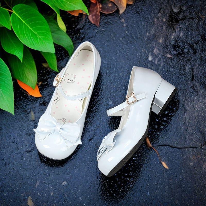 Cute Sweet Bow Mary Jane Women's Shoes Medium Thick Heel Lolita Japanese Soft Girl Small Leather Shoes with Skirt Single Shoes