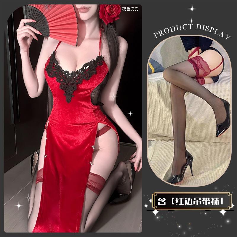 Sexy Underwear Human Cinnabar Mole Deep Velvet Nightdress Sexy Pure Desire High Split Ends Show Buttocks Free of Low Chest Y