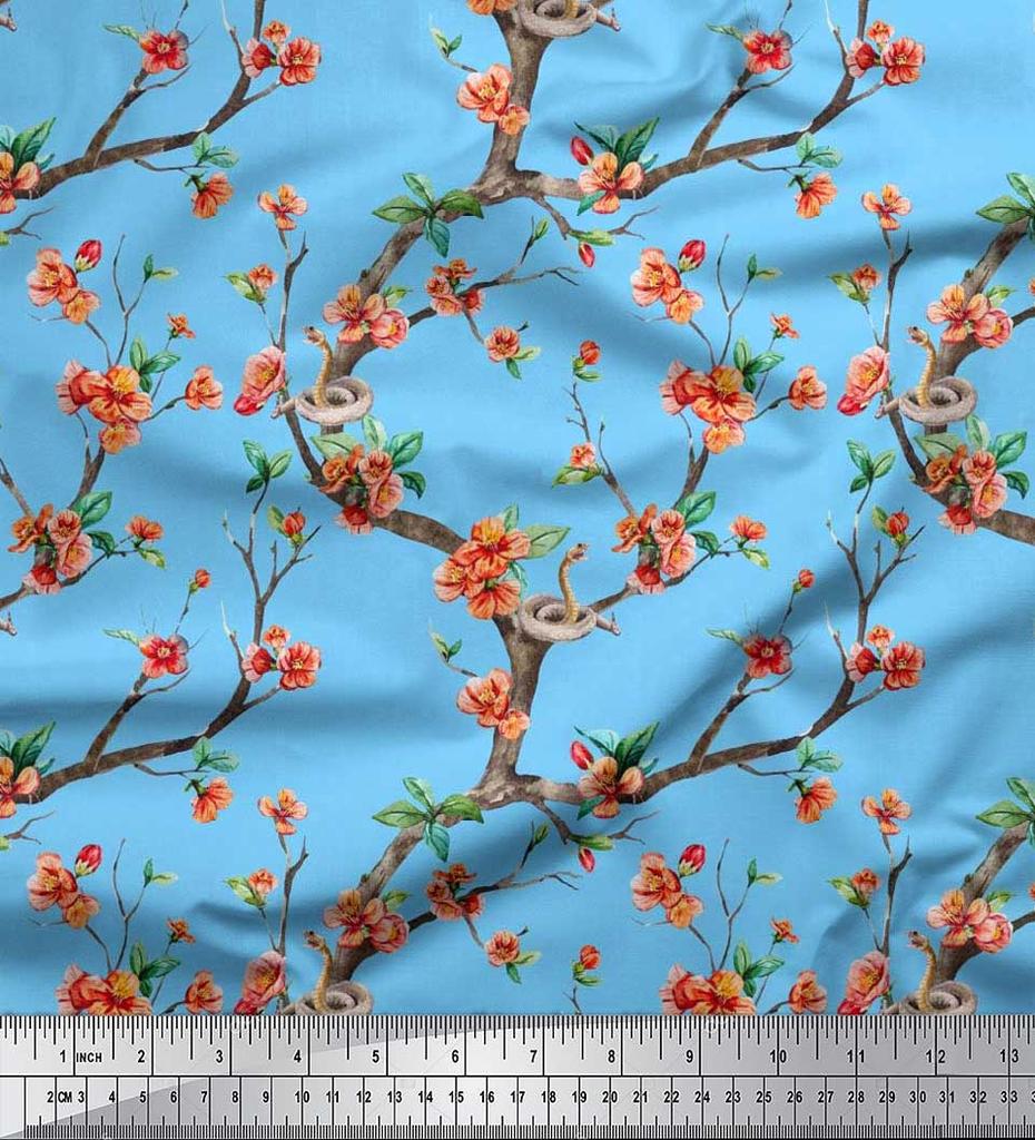 Soimoi Japonská krepová saténová látka Had, listy a květy, květinový potisk v metrech 42 palců