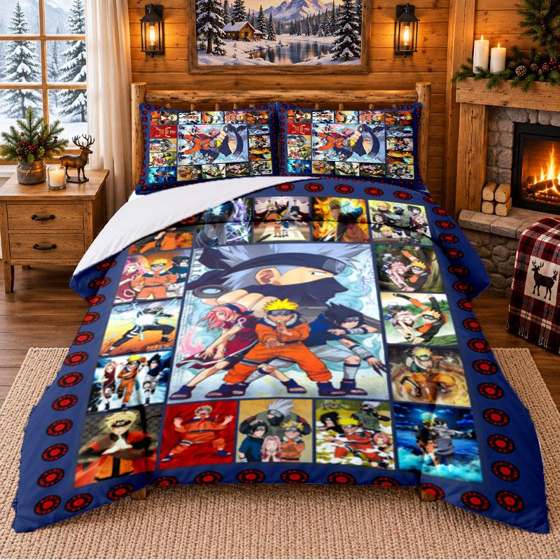 N-Narutos Pattern Bedding 3Pcs Set Bed Sheet And Pillowcases For Indoor Bedroom
