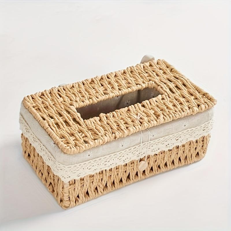 Durable Paper Rope Vintage-Style Woven Tissue Box Cover with Lid - Storage Organizer for Home Decor, Utility Hooks