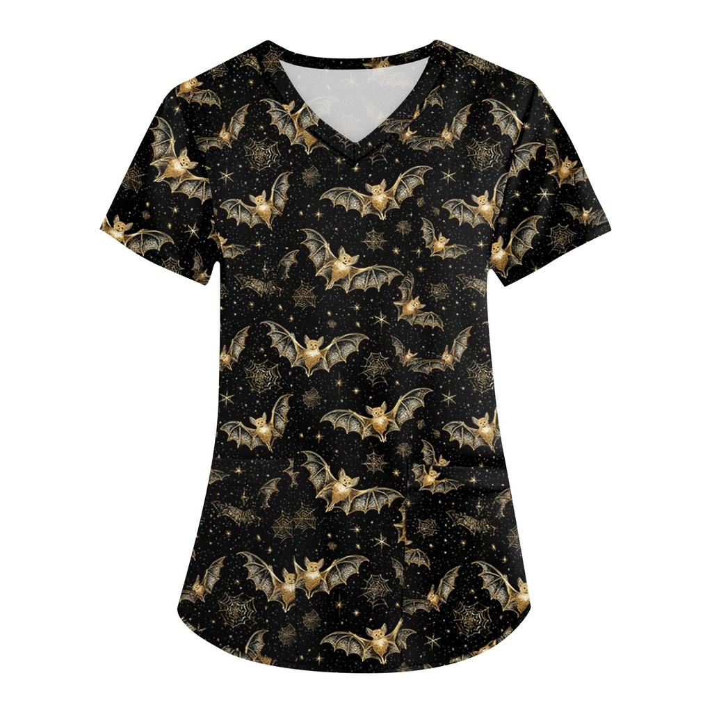 Women's Printing Uniform Work Uniform V-neck Pockets Basic Short Sleeve Pullover Top