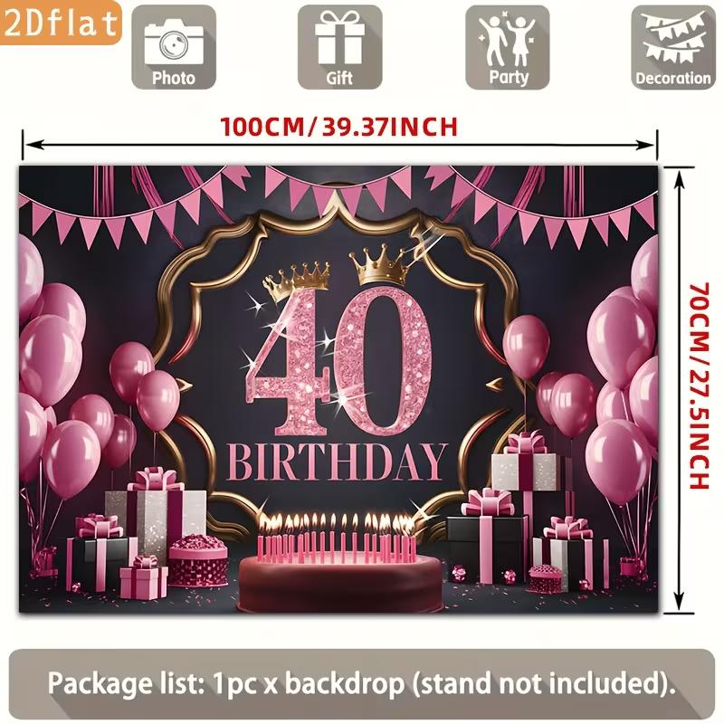 2D 40th Birthday Photography Backdrop Pink Black Background with Crown, Balloons and Cake