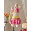Elegant Floral Color Block Swimsuit Women Triangle Halter High-Waist Bikini Set Cover Up Skirt Micro Bikini Three-Piece