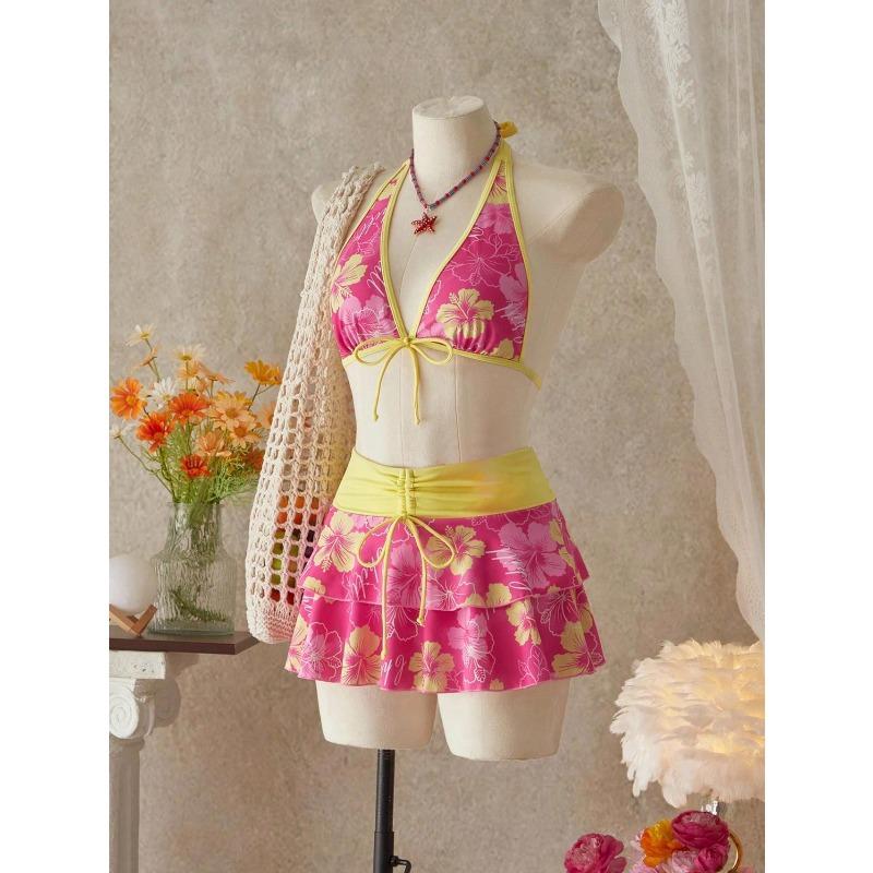 Elegant Floral Color Block Swimsuit Women Triangle Halter High-Waist Bikini Set Cover Up Skirt Micro Bikini Three-Piece