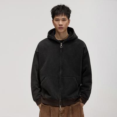 Loose Hooded Sweater Men'S Sand Wash Zipper Cardigan American Gradual Change Heavy 380G Versatile Coat