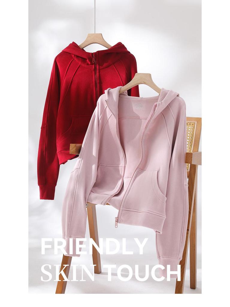 Damska bluza z kapturem zapinana na zamek, podszyta polarem - Ciepły kardigan sportowy z długim rękawem