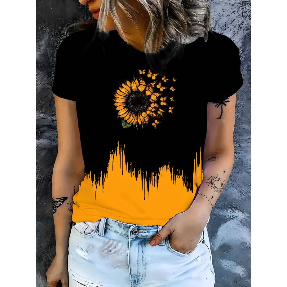 Tricou de damă cu imprimeu floral - Galben viu și albastru margaretă gât rotund mânecă scurtă top casual pentru toate anotimpurile tricouri de damă