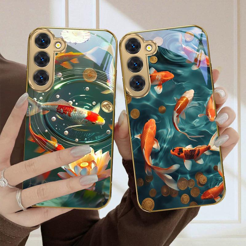 Vibrant Koi Fish In Water For Samsung Galaxy S26 S20 FE 21 22 Ultra 23 Plus 24 Ultra 25Ultra S21+ 22Plus Golden Glass Phone Case