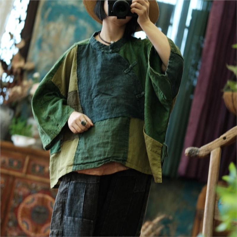 Johnature Women Vintage Patchwork Shirts Tops Chinese Style Stand Long Sleeve Blouses Spring Shirts