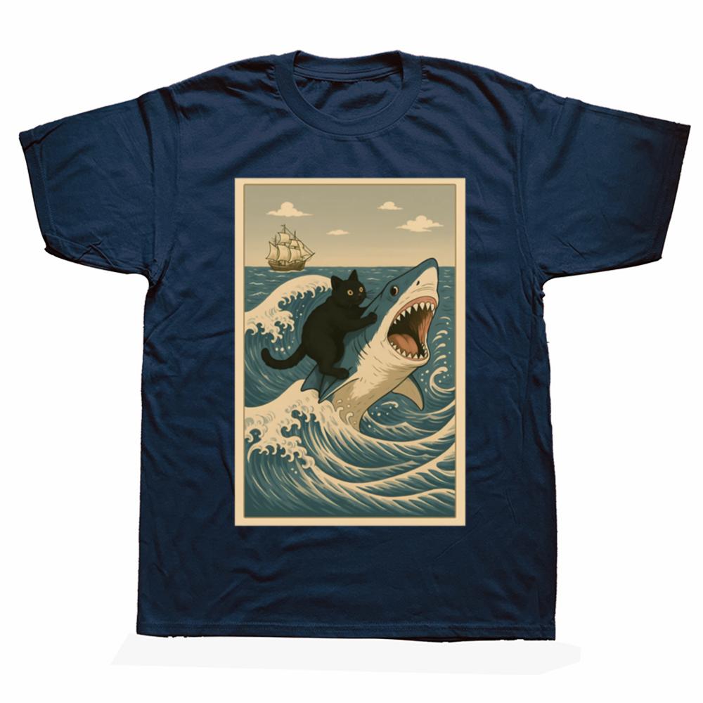 Funny Cat Riding Shark Meme Art Wave Graphic T-shirts Men Women's Fashion Casual Tshirt 100% Cotton Loose Oversized T Shirt