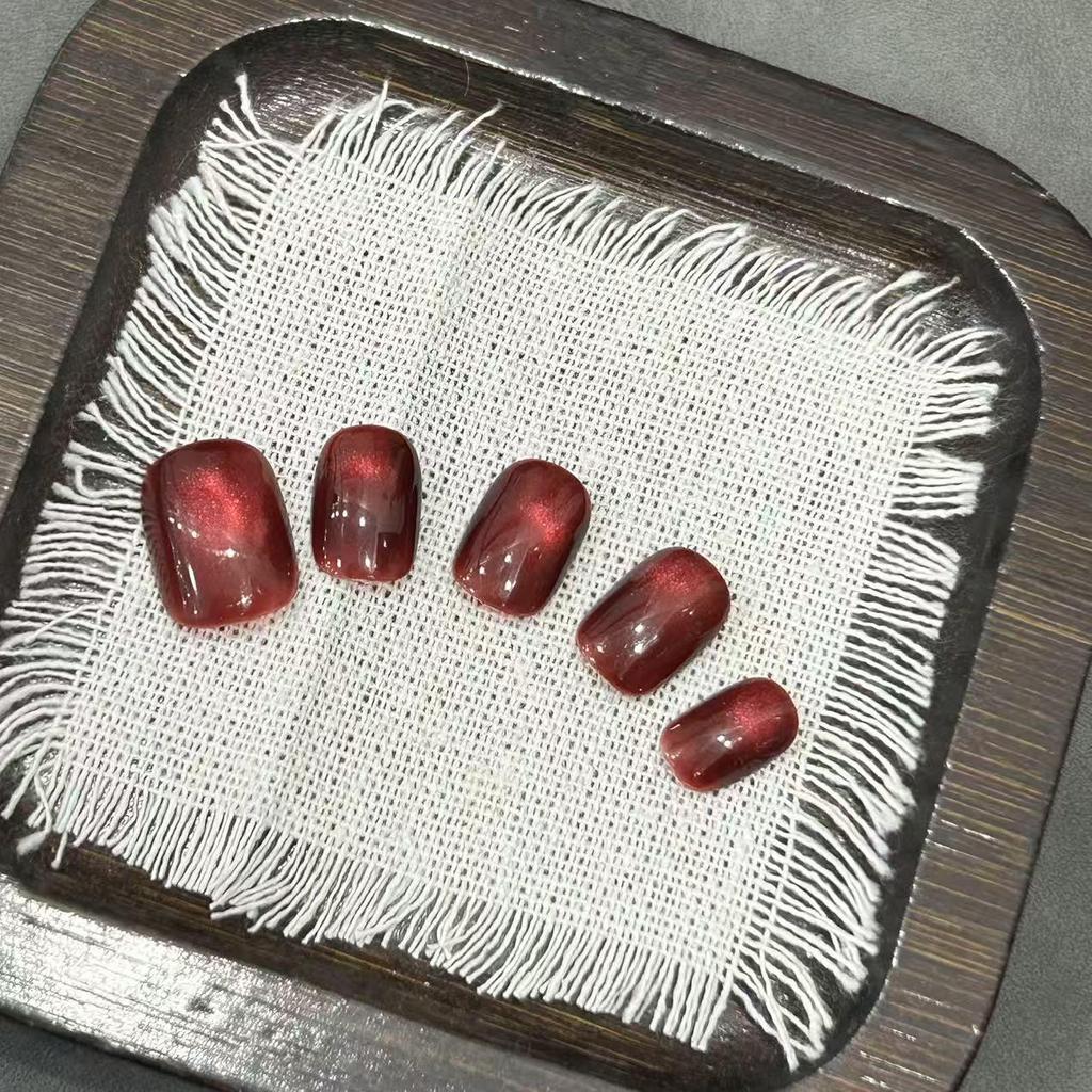 New Year Red Crystal Cat Eye Handmade Short Nail Art Stickers with Glass Beads - Bridal Style