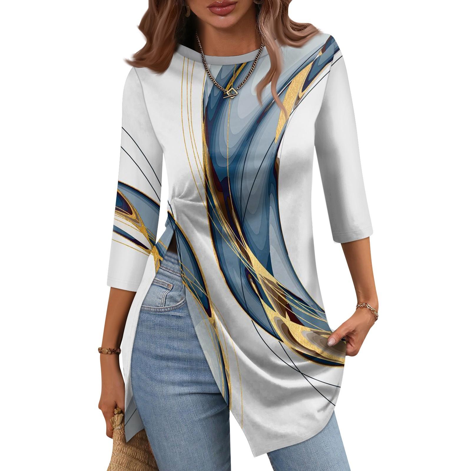 

Женская модная повседневная футболка с разрезом подол, круглый вырез, рукав 3/4, короткий рукав XL белый