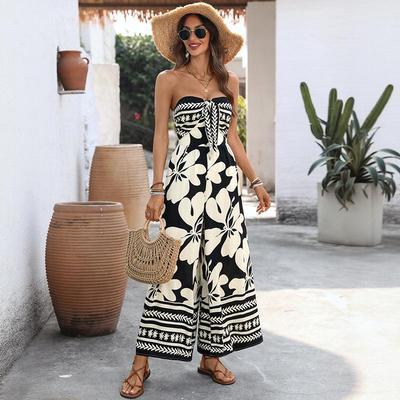 TikTok Trendy 2026 Summer Print Lace-Up Backless Ruched Sleeveless Jumpsuit for Women