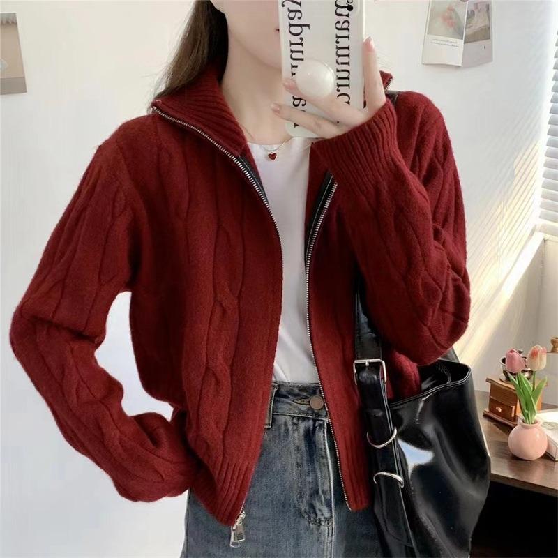 Vintage turtleneck twist sweater cardigan jacket women's autumn and winter design sense double zipper short knitted top thick