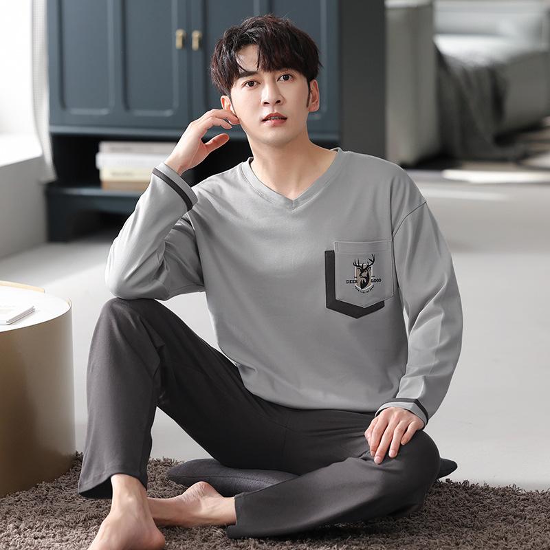 Men's pajamas spring and autumn pure cotton long-sleeved casual loungewear youth men's autumn thin cotton large-size suit