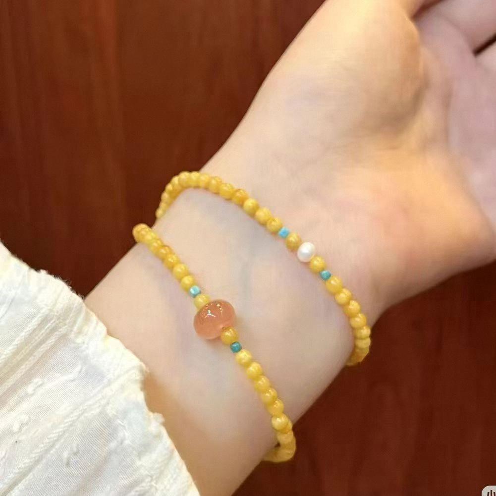 Handmade Double Loop Amber Yellow Glass Bracelet, Retro New Chinese Unisex Jewelry, Travel Souvenir