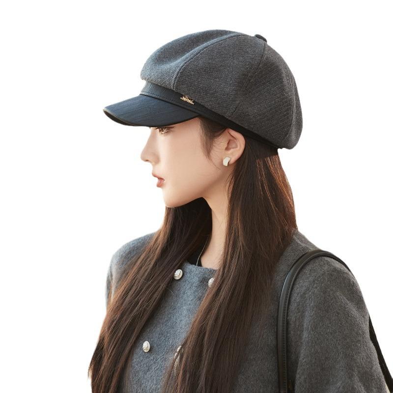 Autumn and Winter British Retro Leather Octagonal Hat Casual and Fashionable Versatile Face Showing Small Duck Tongue Beret