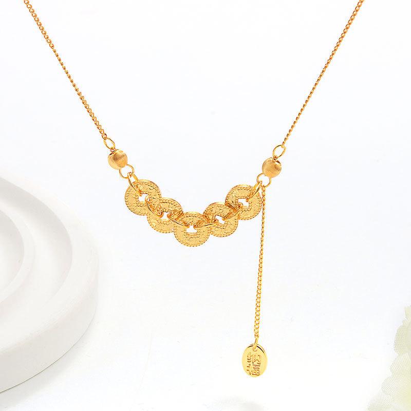 Copper Coin Light Luxury Five Emperors Coin Retro Sand Gold Necklace Broken Ice Advanced Neck Chain Flash Literary Retro