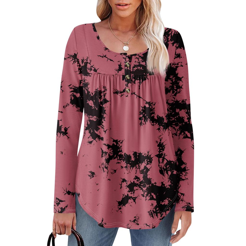 Dame Langermet Tunika Løse Topper Casual Oversized Topper Plissert Tunika Knapper Ned Casual Dame Print Topper