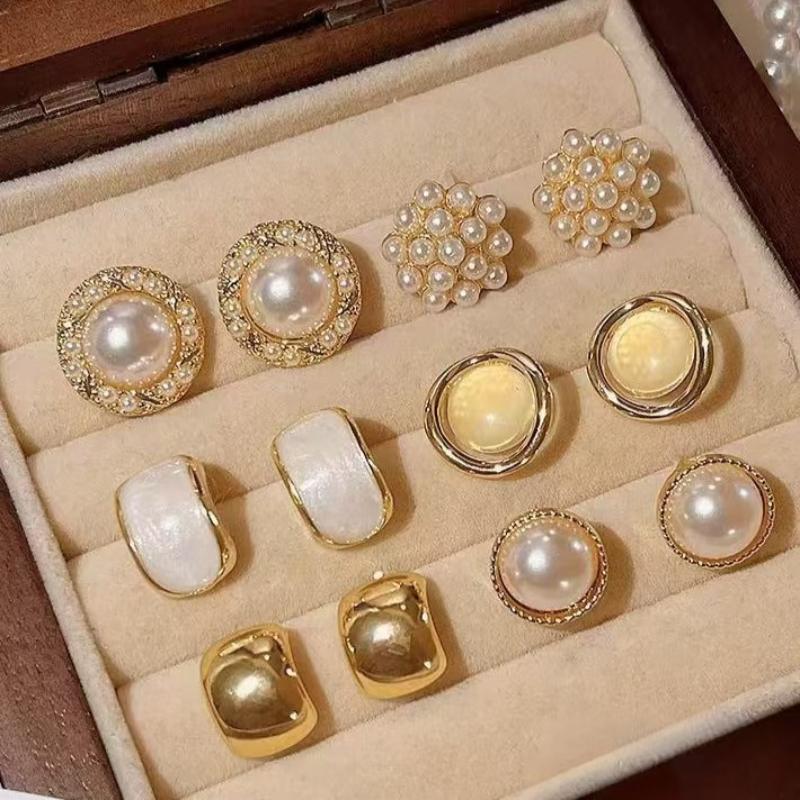 6Pairs/Set Elegant Temperament Imitation Pearl Round Square Earrings Women Daily Wear Holiday Accessories Gifts