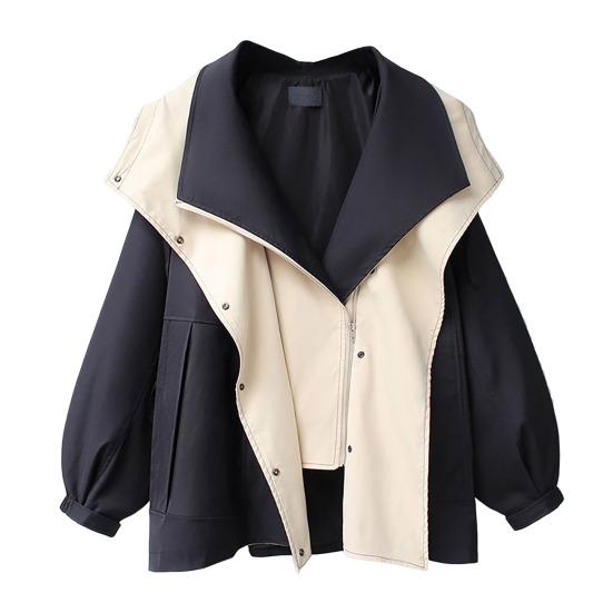 Women Windbreaker Hooded Patchwork Colorblock Zipper And Button Closure Long Sleeves Tight Waist