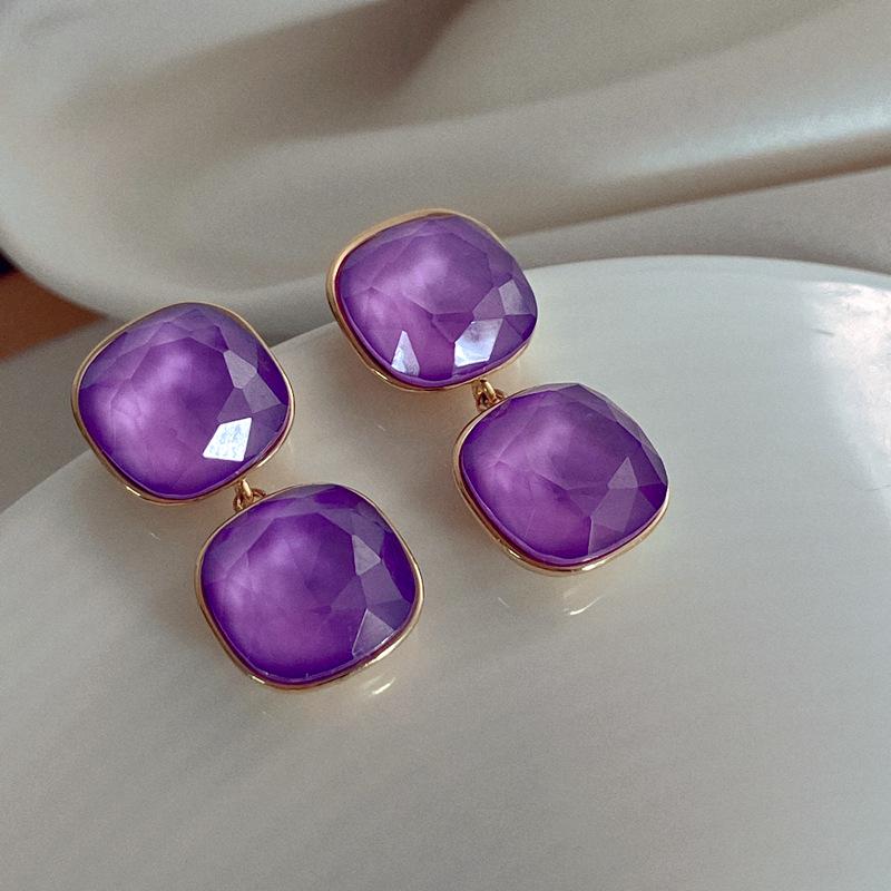 Retro Hong Kong Style Purple Geometric Crystal Gold-Plated 925 Silver Stud Earrings