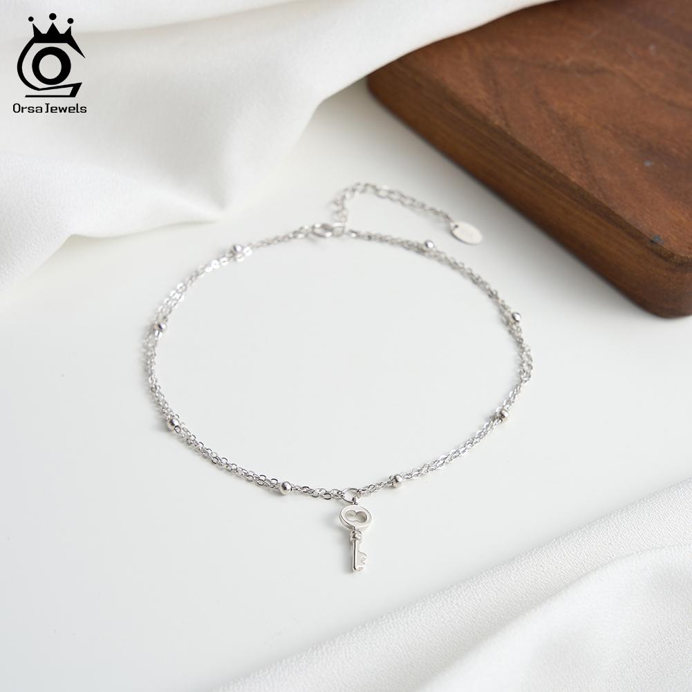 ORSA JEWELS Elegant Layered S925 Silver Satellite Anklet with Key Pendant for Women Summer Foot Chain Straps Jewelry SA102