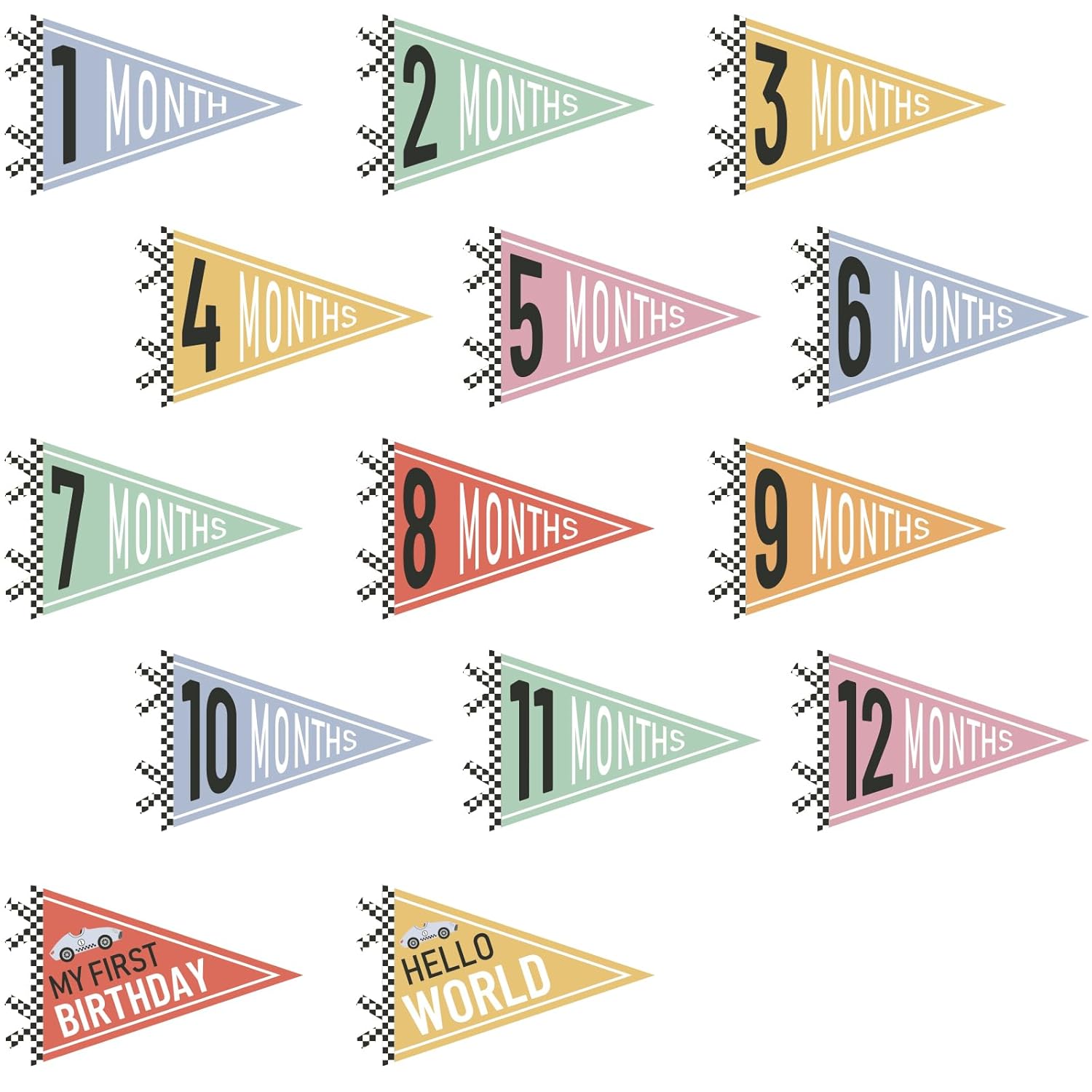 VitalCozy 14 Pcs Baby Milestone Pennant Signs Monthly Milestone Banner Flags Pennant Triangle Banner Age Flag Signs for Boy Girl Newborn Birthday Car