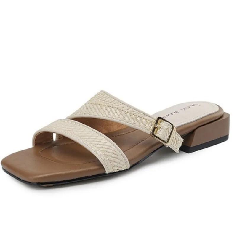 

2024 Новые летние женские тапочки Женские туфли с открытым носком и средним каблуком Slingback Современные тапочки Гладиаторские туфли Zapatos De Mujer 40 бежевый