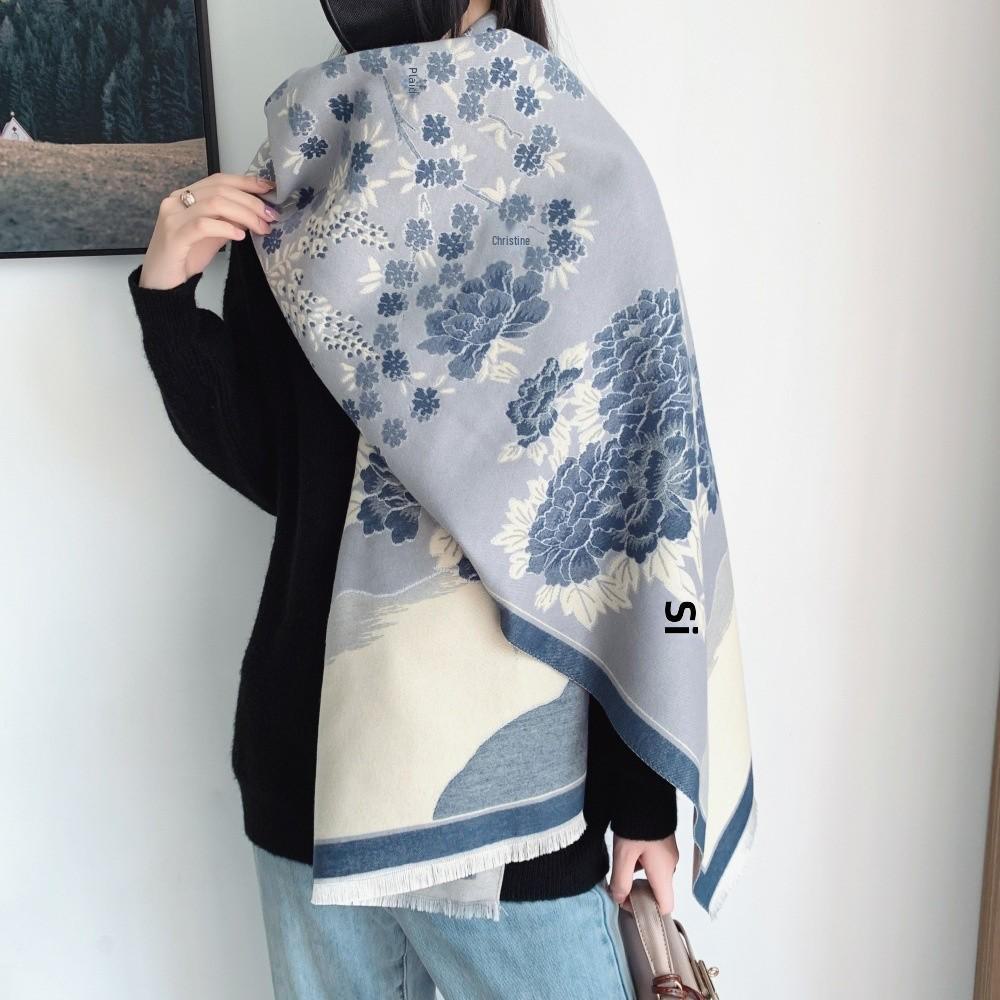 Women's Winter Ink Painting Scarf Shawl - High-End Imitation Cashmere, Knitted for Warmth and Style