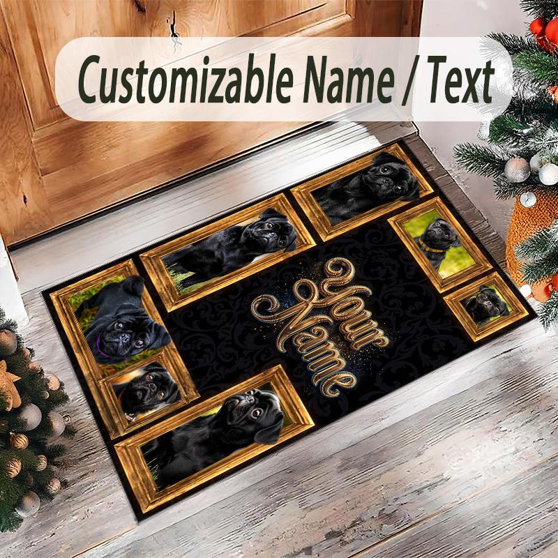 Pug Theme Crystal Velvet Floor Rug Personalized Custom Name Text Warm Carpet Home Decoration