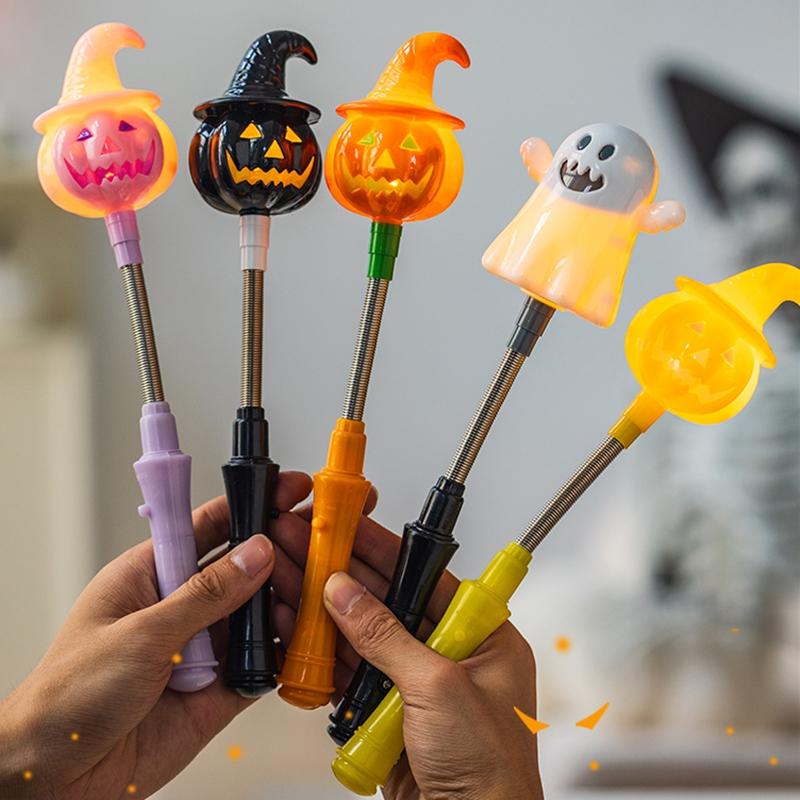 Pumpkin Glowing Shake Stick Cute Ghost Hand Crank Stick With Led Light Halloween   Party Decor Guests Gifts