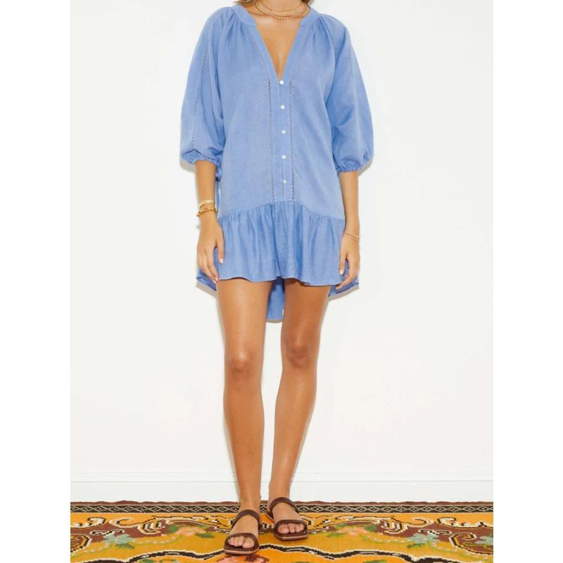 Spring and Autumn Women's V-neck Blue Temperament Loose Shirt Dress Short Dress