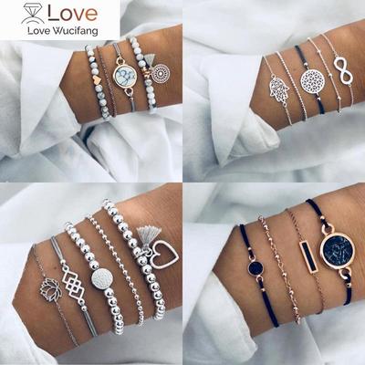 Boho Geometric Bracelet & Bangle Sets For Women Vintage Star Map Hand Heart Charm Beads Chains Fashion Jewelry Accessories