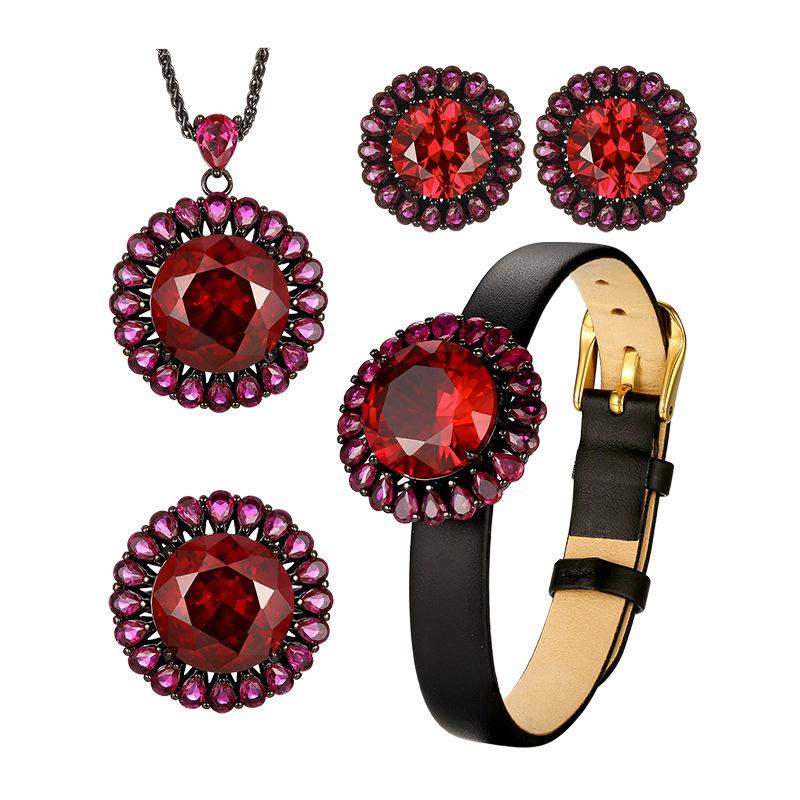 Autumn and Winter New Huabi Jewelry Copper Bottom Gold-plated Simulation Red Corundum Advanced Black Gold Set Main Stone 16-10m