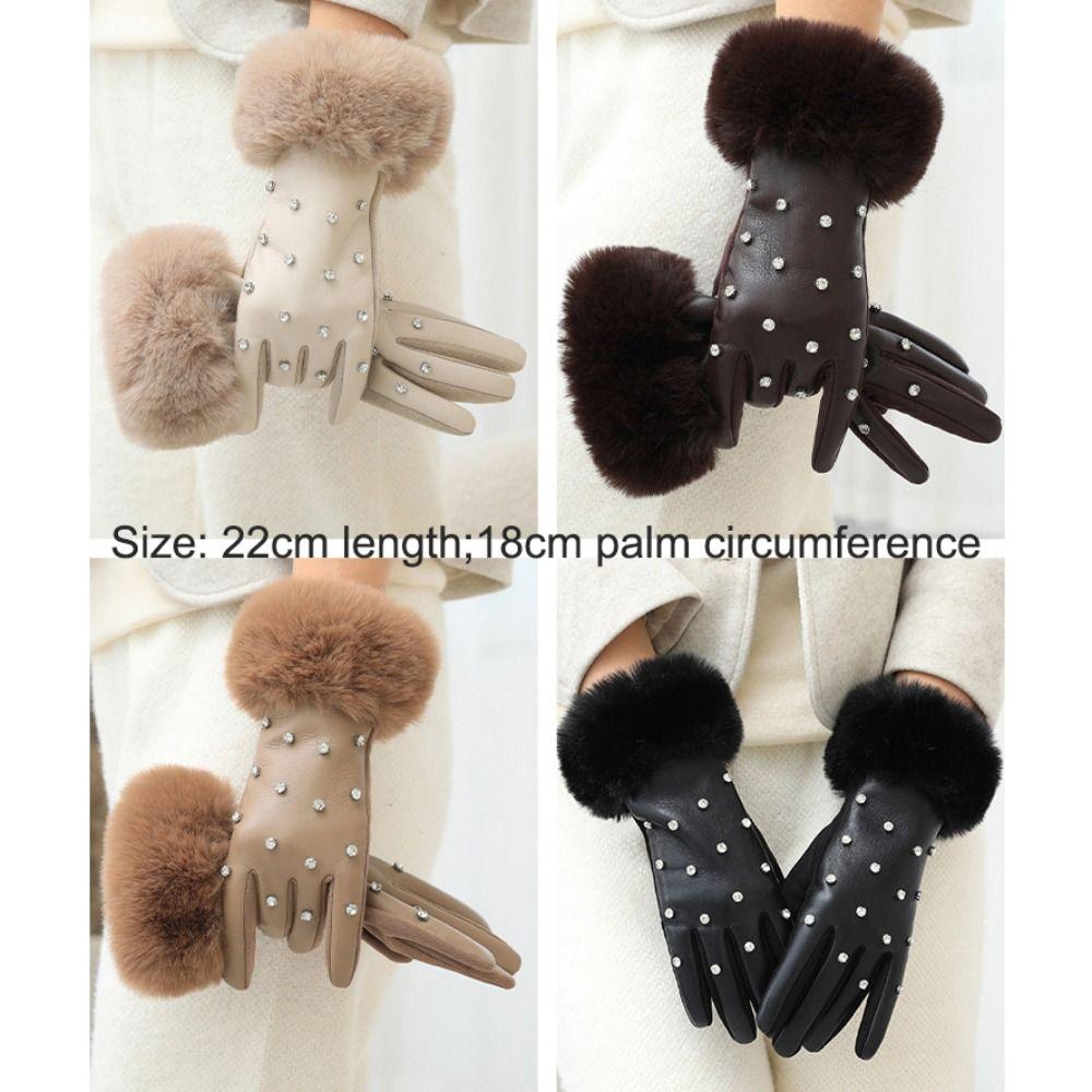Fashion Faux Fur Trim Cuff PU Leather Gloves Lined Rhinestone Winter Thermal Gloves Windproof Touchscreen Warm Gloves for Women