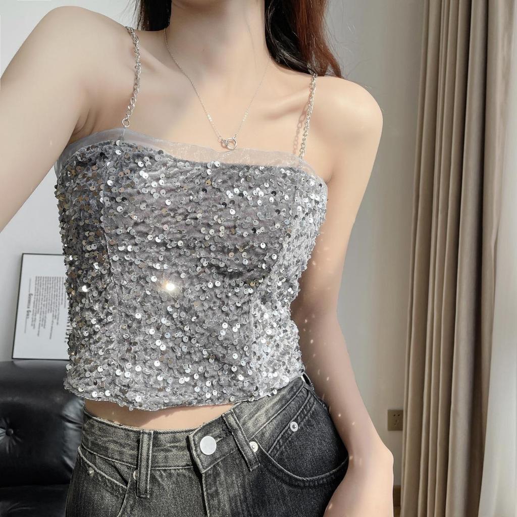 Sexy kovové retiazkové tielko Jednofarebné flitrované halterové crop topy Dámske letné tielka Bezchrbtové tielko Módne ležérne rúrkové Dámska bez rukávov skrátená vesta Y2K