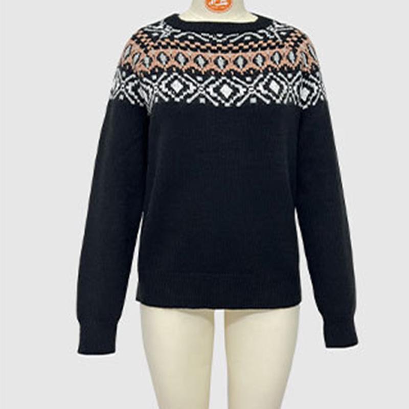Ladies Autumn Winter Long Sleeve Round Collar Pullover Color Matching Warm Knitted Sweater Knitwear Top
