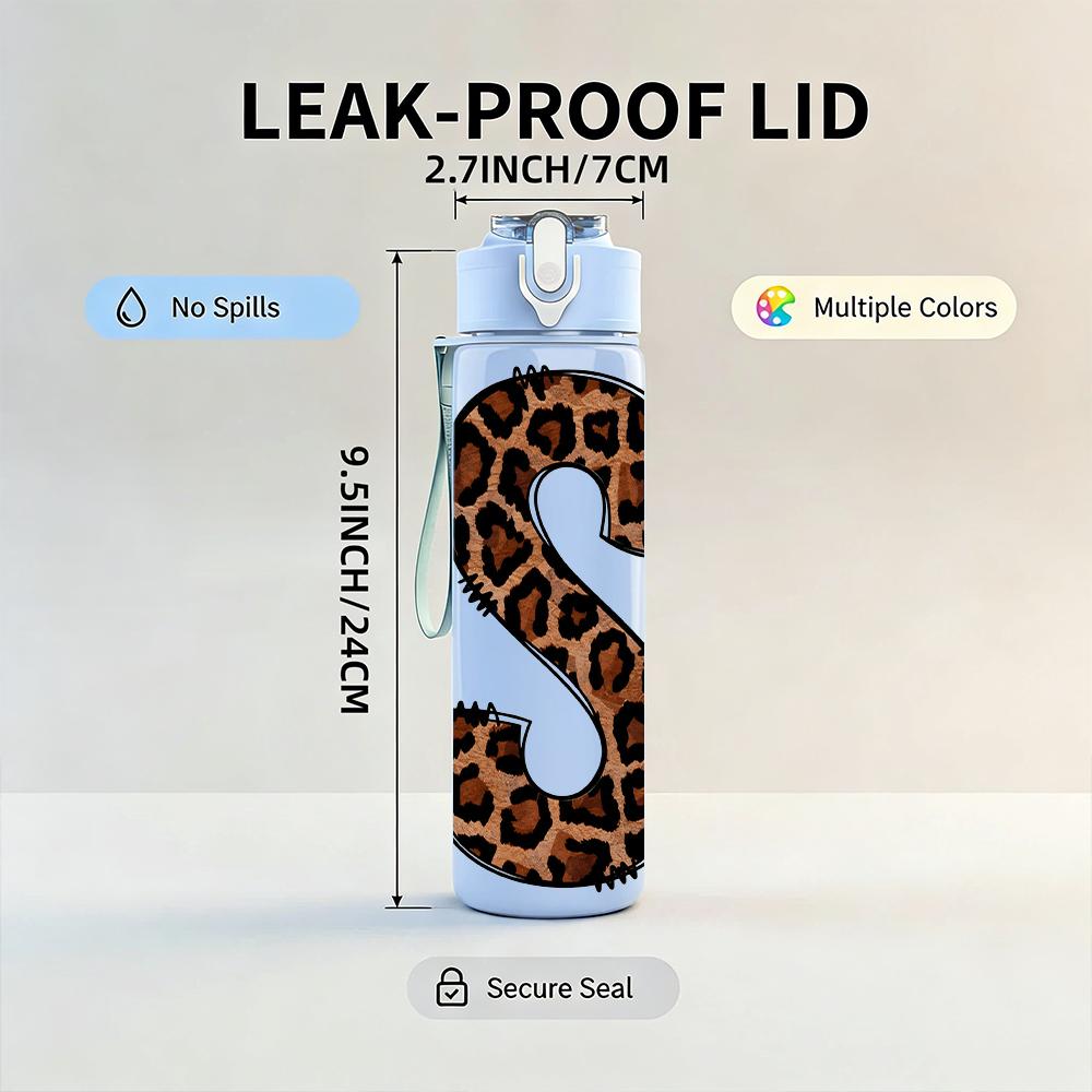 1PC Leopard Print Letter S Monogram 750ml Color Plastic Sports Water Bottle Leakproof Flip Straw Lid Suitable for Sports Office Home Use